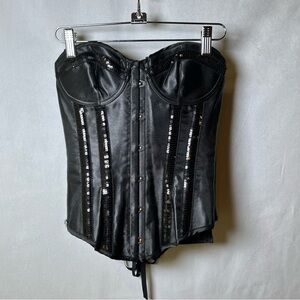 Tribal Rhythm Black Satin Sequin Boned Corset Bustier Gothic Coquette Size Small
